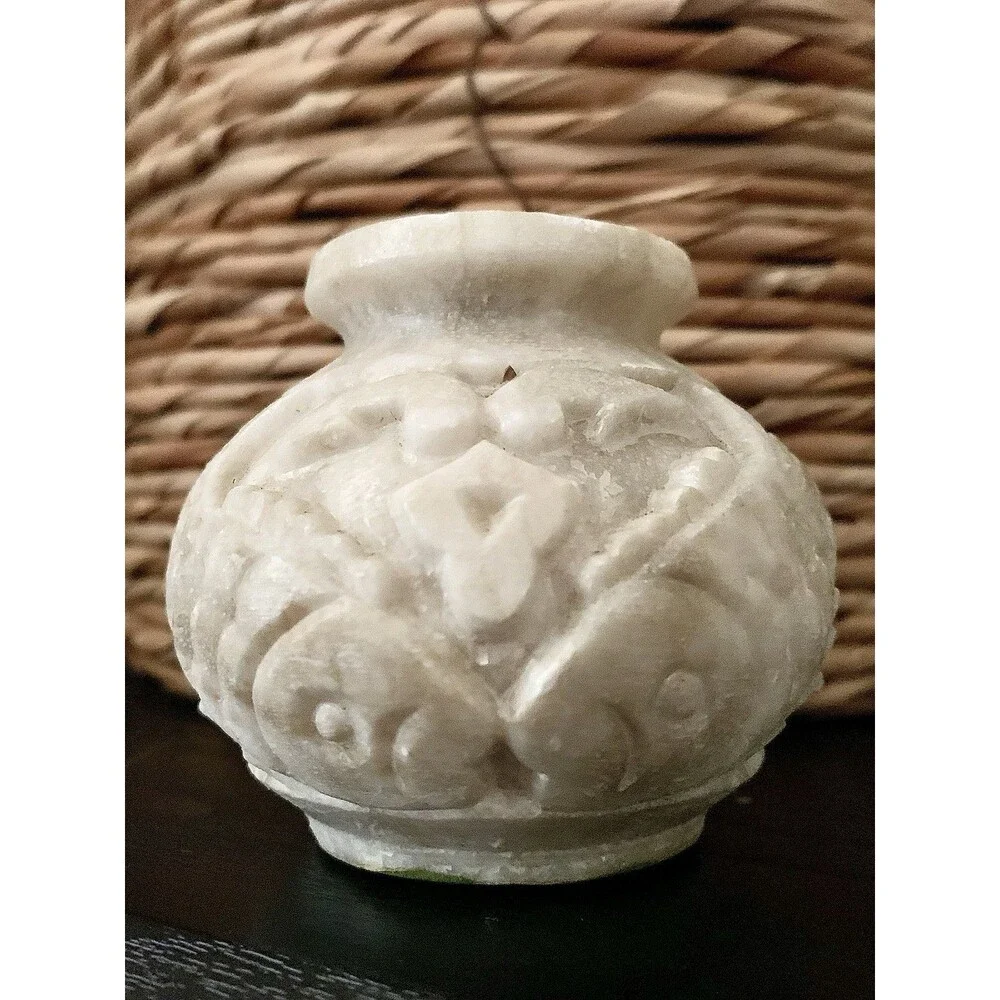 Vintage Chinese Hand Carved Soapstone Vase Double Koi Fish Motif Asian Decor